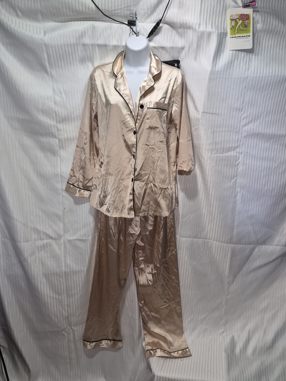 Women's Satin Pajama Set in Light Champagne with Contrast Piping Size Small